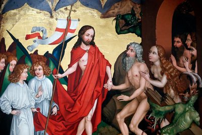 Jesús saca a Adán y Eva de sus tumbas en la resurrección de Martin Schongauer